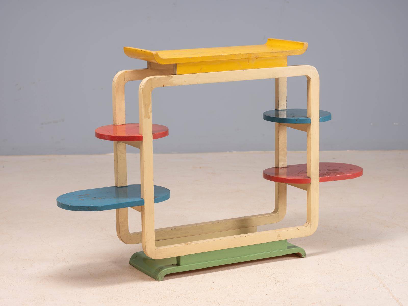 Vintage multicolour tubular steel flower stand / plant stand, mid-20th century, Czechoslovakia, 71 × 50 × 103 cm