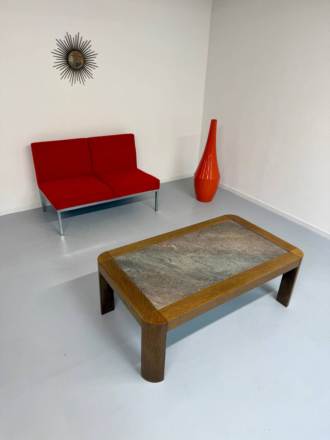 Old coffee table in wood and granite stone, vintage design from the 70s