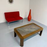 Old coffee table in wood and granite stone, vintage design from the 70s