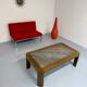 Old coffee table in wood and granite stone, vintage design from the 70s