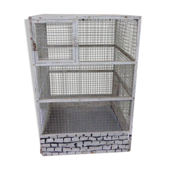 Vintage bird cage, made of wood and chicken wire metal square mesh