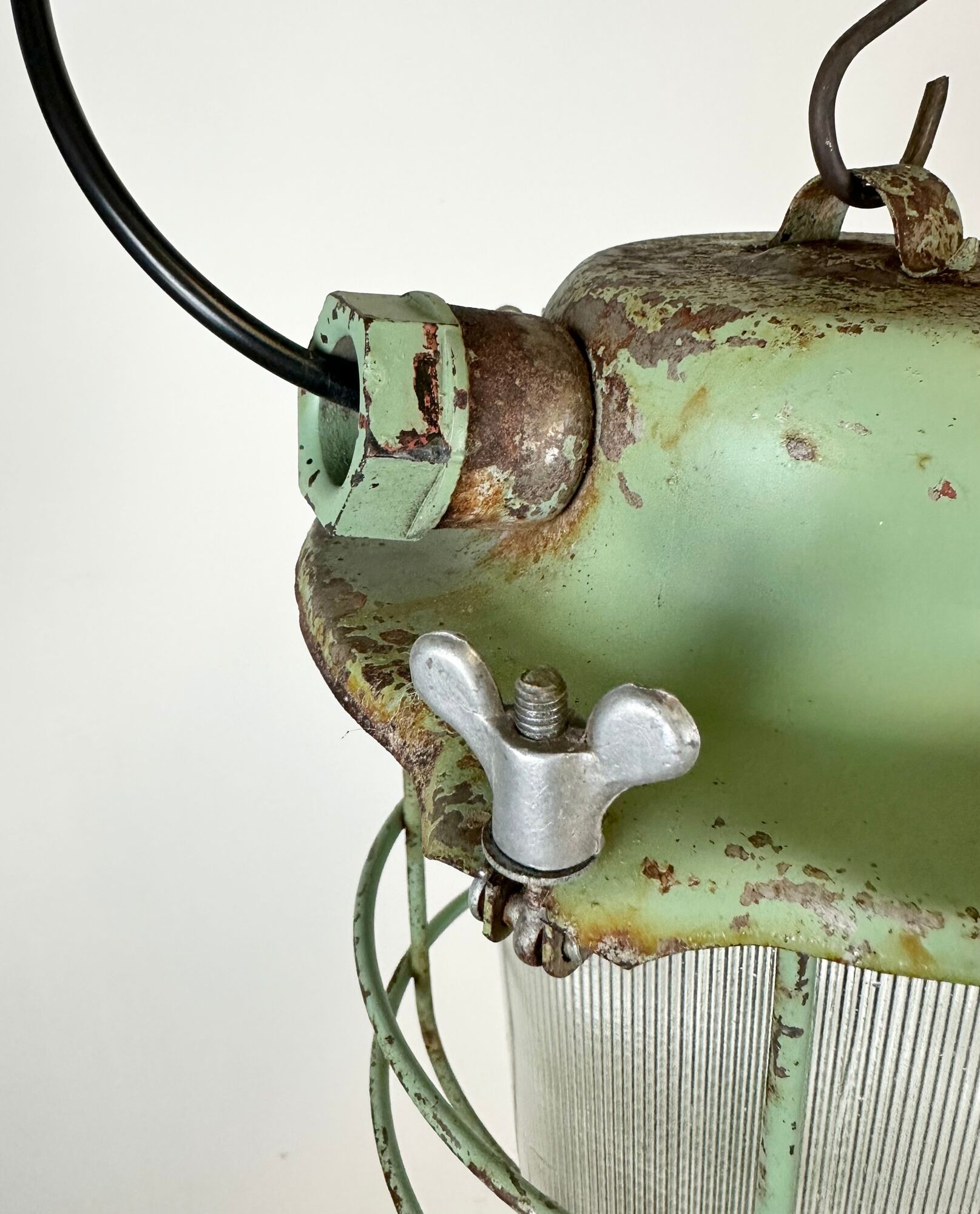 Green Industrial Soviet Bunker Pendant Light with Iron Grid, 1960s