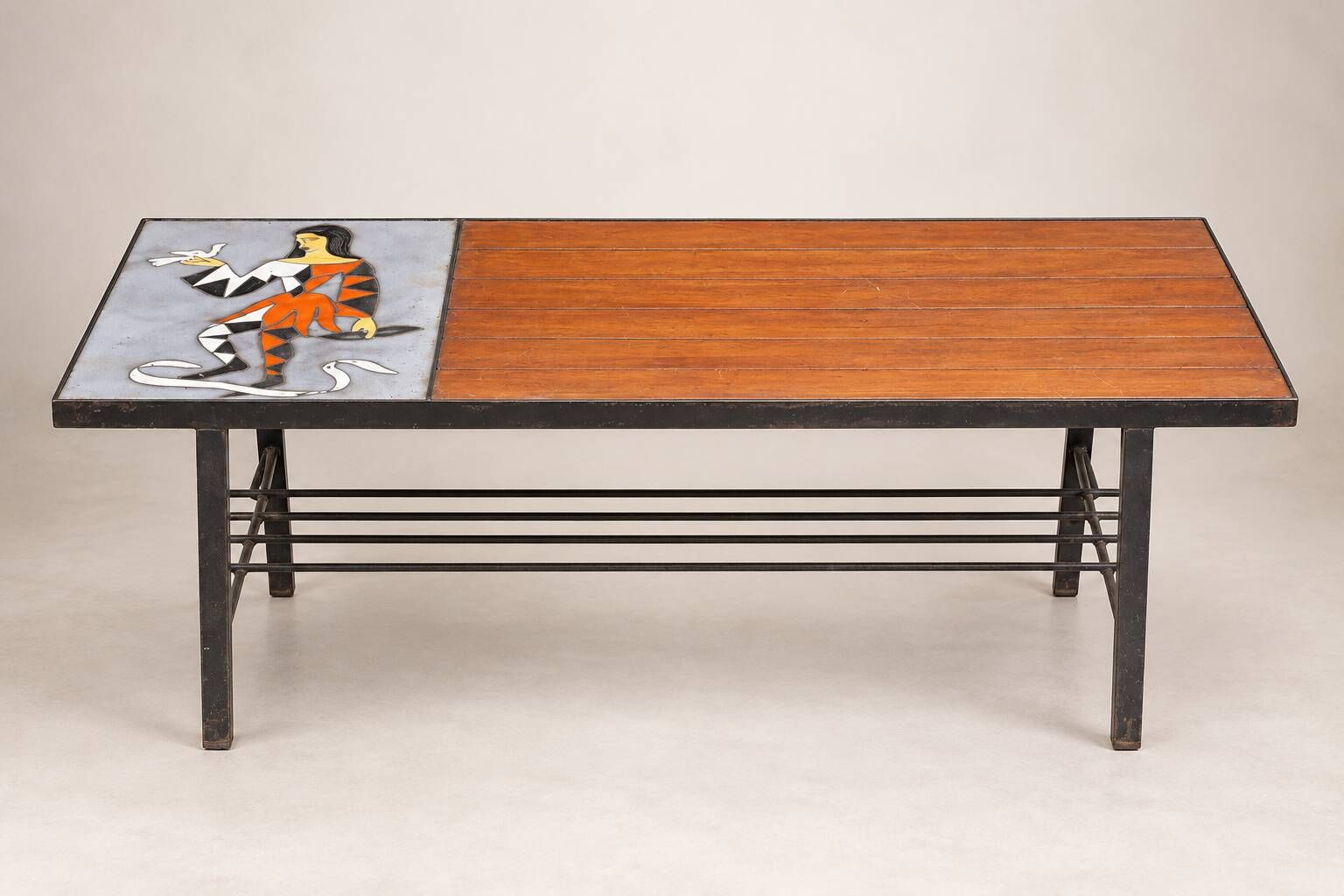Vintage coffee table in wood, metal and ceramic Harlequin decor – 1960s