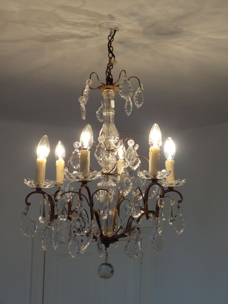 Bronze and crystal chandelier with six arms of light