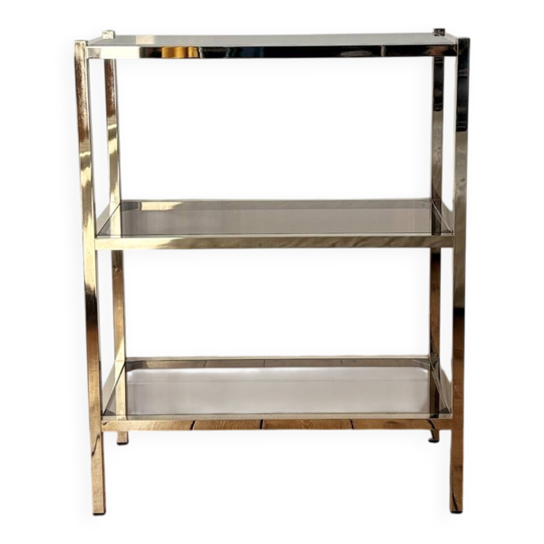 Bibliothèque étagères en laiton et verre fumé