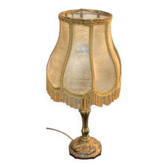 Table lamp, bedside lamp in chiseled gold brass, floral pattern, parchment lampshade, vintage