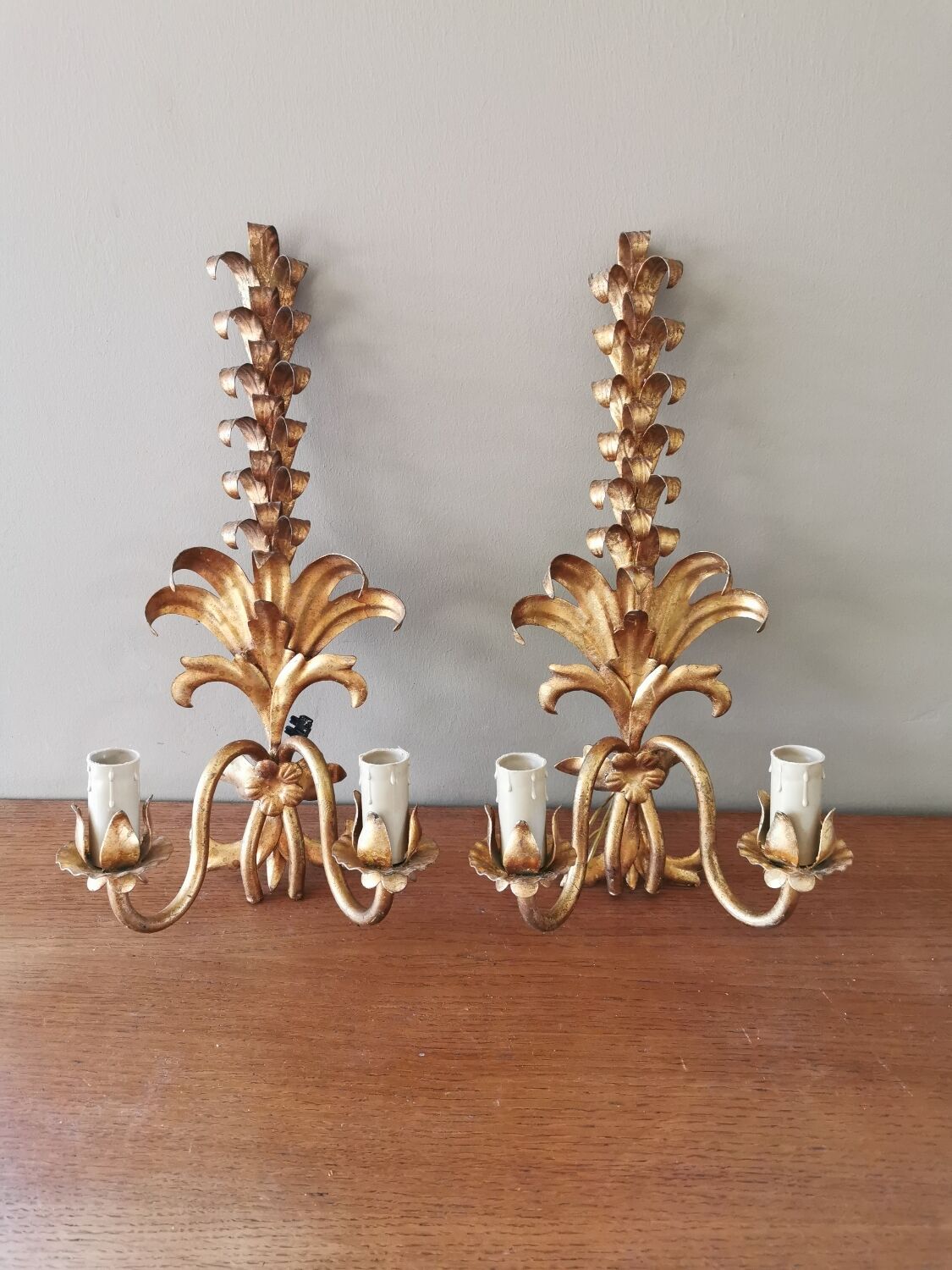 Pair of vintage 70s wall lights in gold metal
