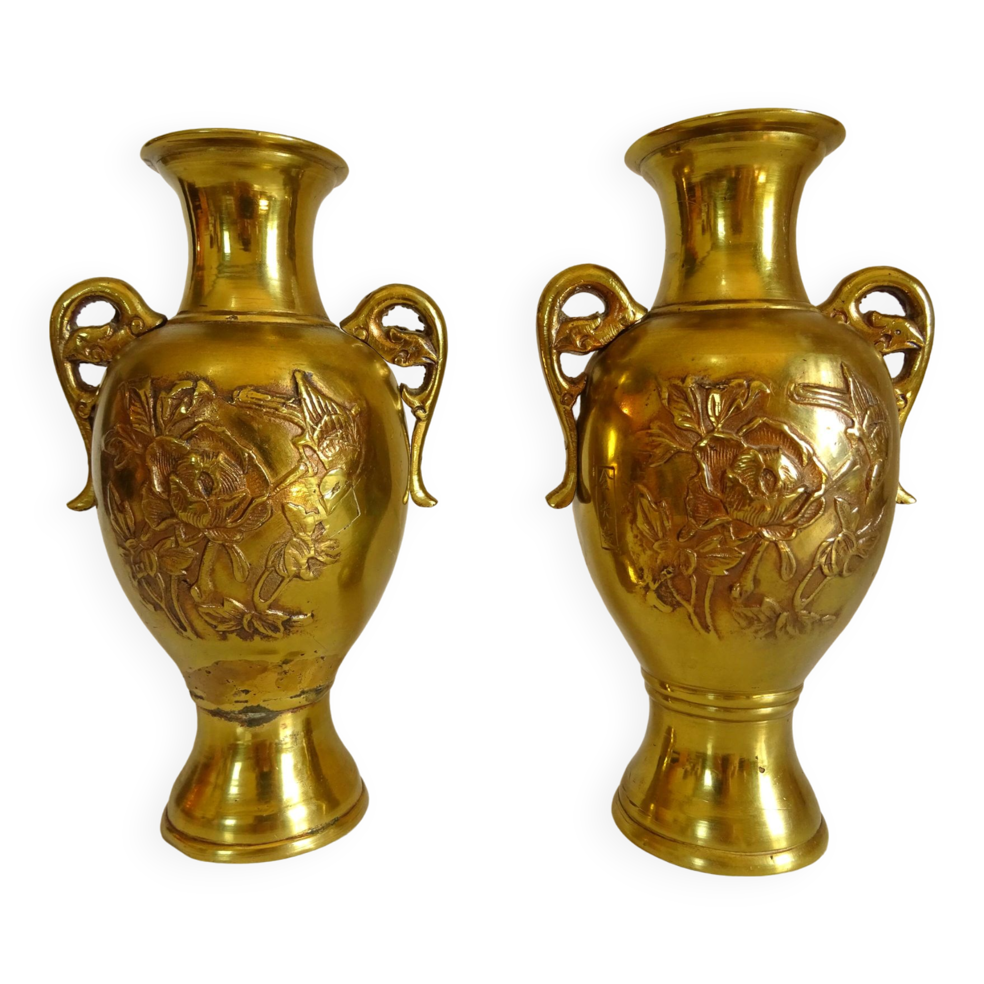 Pair of Gilt Bronze Vases / 19th Japan Meiji / Signed Fine Gold Flowers Birds