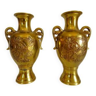 Pair of Gilt Bronze Vases / 19th Japan Meiji / Signed Fine Gold Flowers Birds