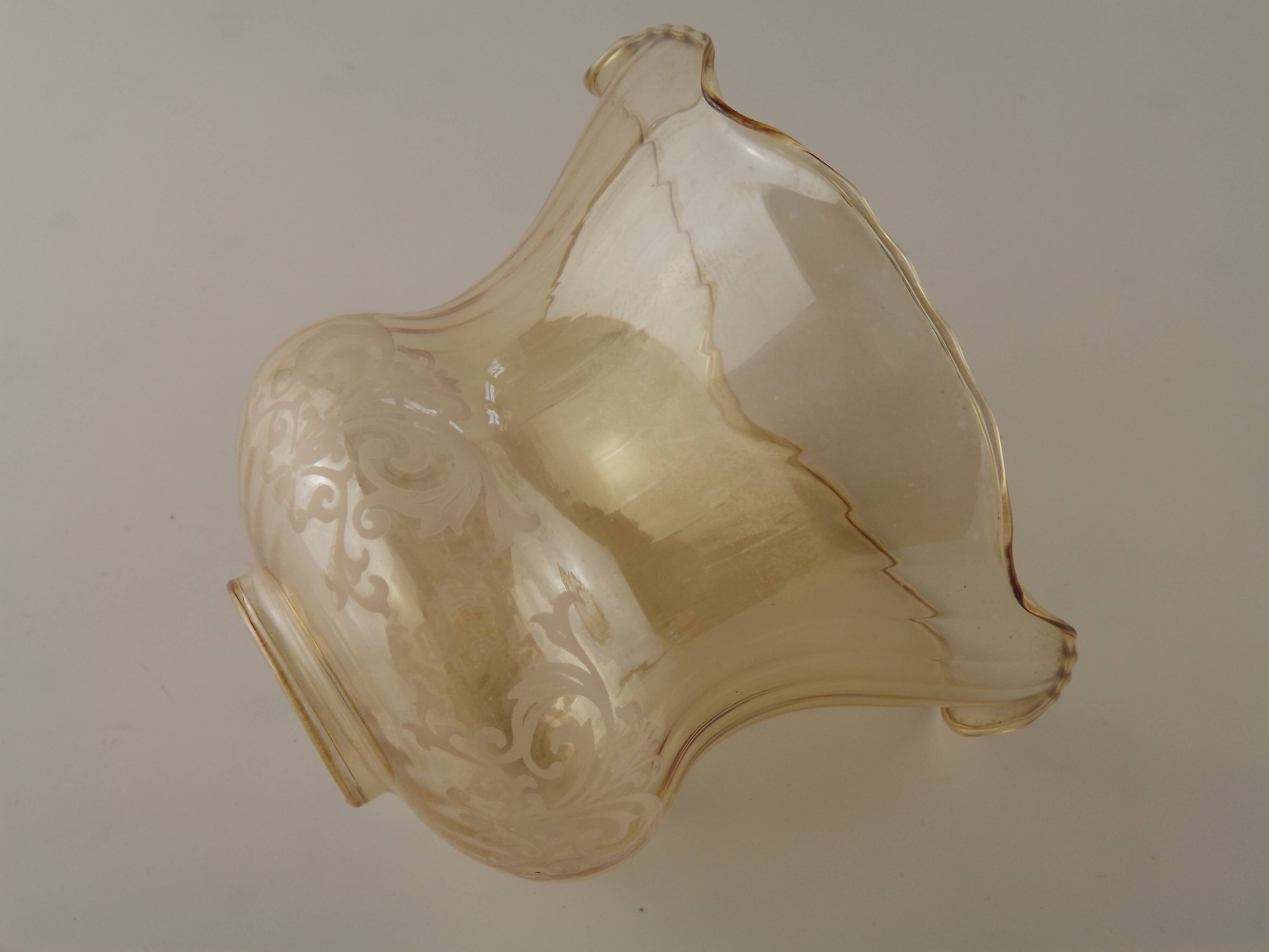 Set of 2 Vintage Glass Bell Shades in Smoked Amber Glass with Scroll Motif 5597