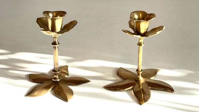 Pair of VINTAGE solid BRASS Flower CANDLE HOLDERS