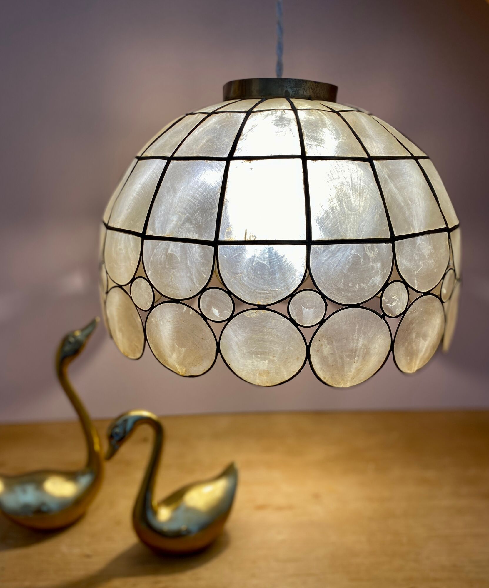 Vintage XXML lampshade pendant lamp in mother-of-pearl and brass