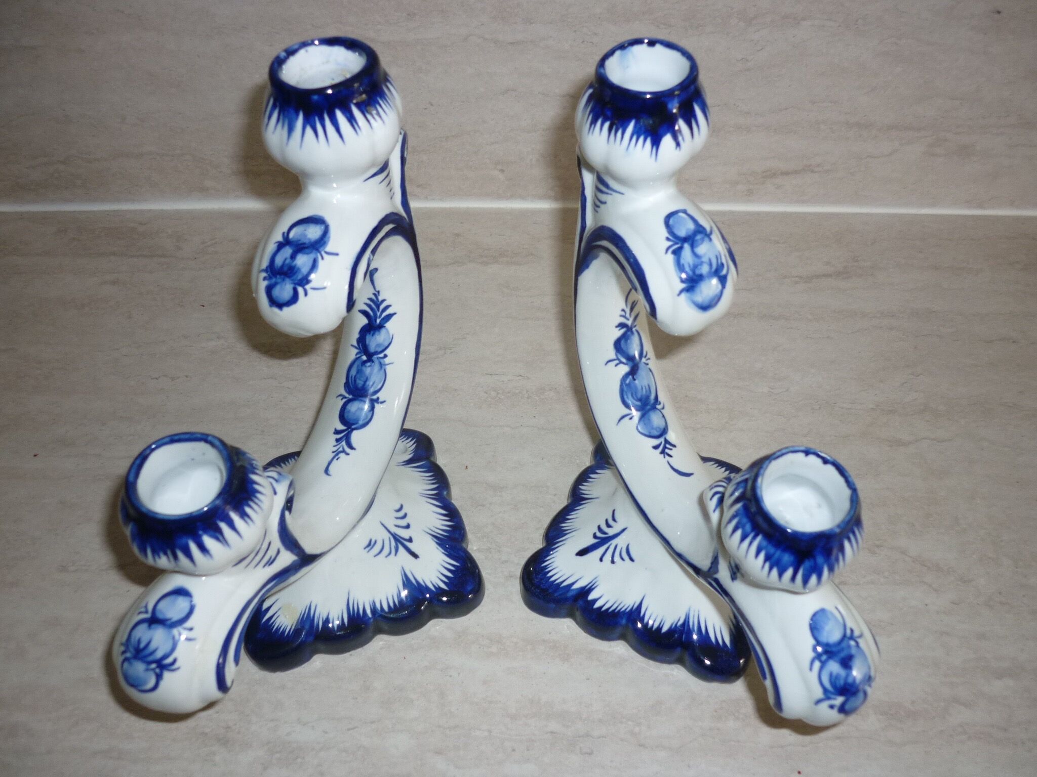 Pair of 2-pointed ceramic candlesticks from Portugal