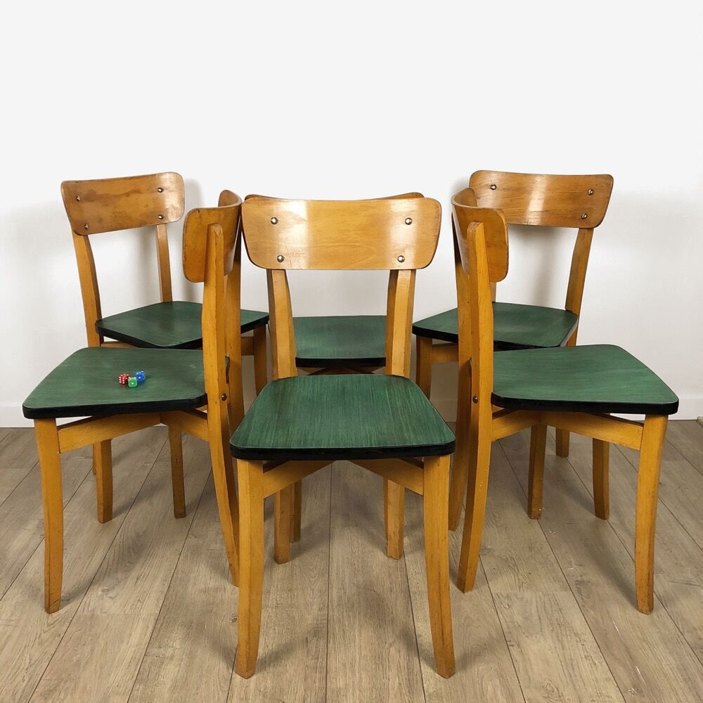 Lot of 6 chairs bistro green wood 50s