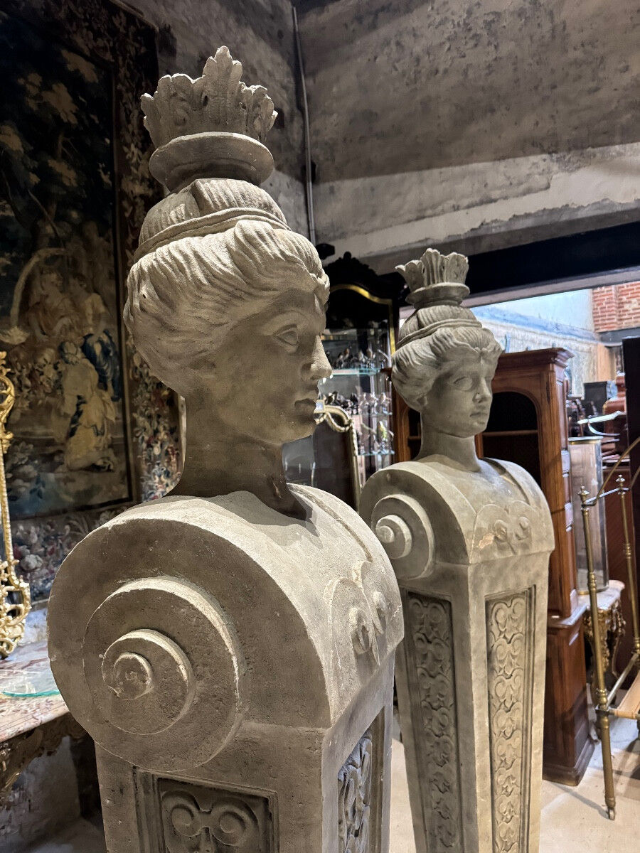 Pair of monumental patinated plaster terms from the early 20th century.