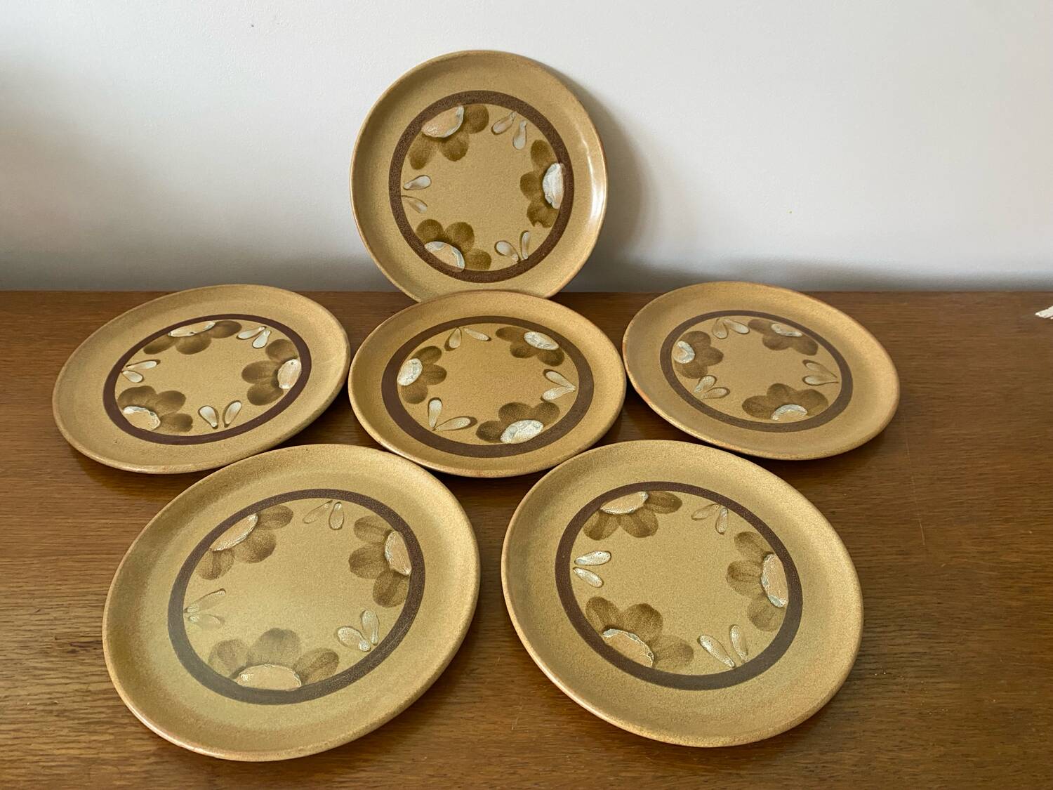 Set of 6 old sarreguemines plates beige ceramic flower decor