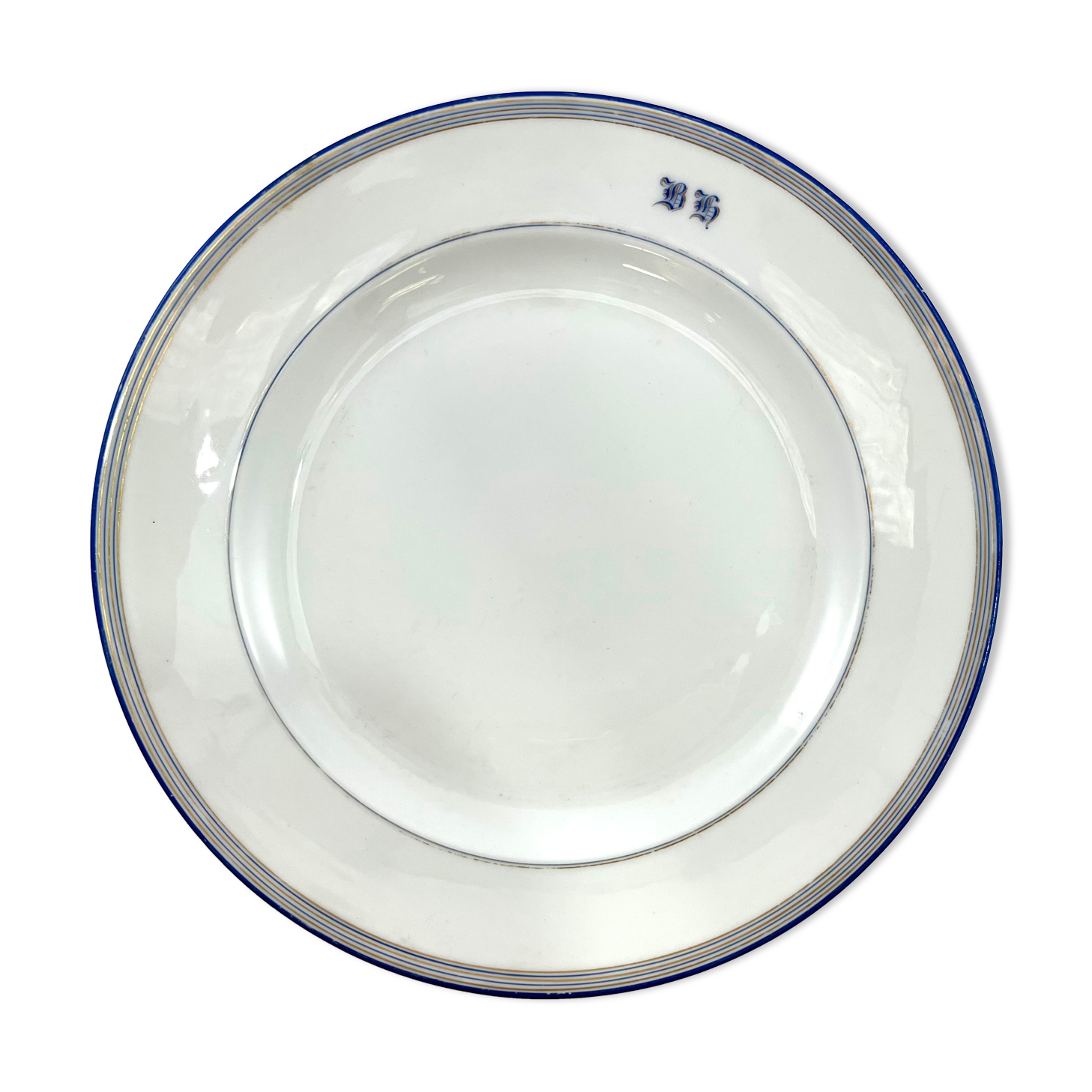 Round dish white monogrammed with blue border 34cm