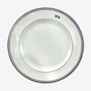 Plat rond blanc monogramé avec liseré bleu 34cm