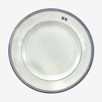 Round dish white monogrammed with blue border 34cm