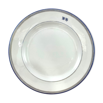 Round dish white monogrammed with blue border 34cm