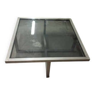 Table en aluminium satiné et verre noir design années 70