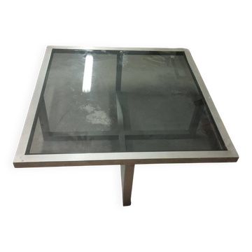 Table en aluminium satiné et verre noir design années 70