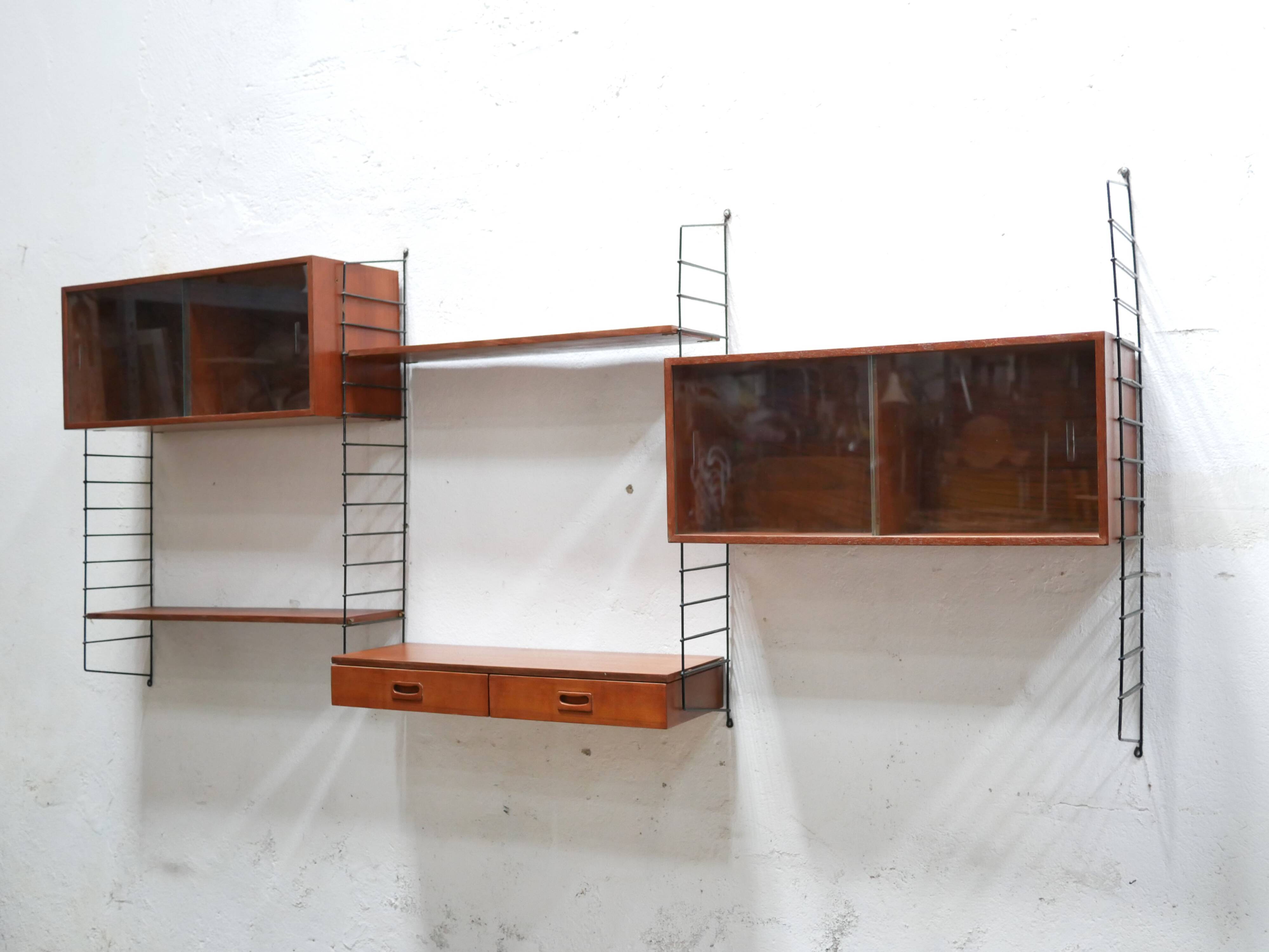Vintage modular wall shelf in metal and wood