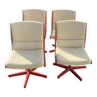 Set of 4 vintage 1970s swivel chairs in red and beige.