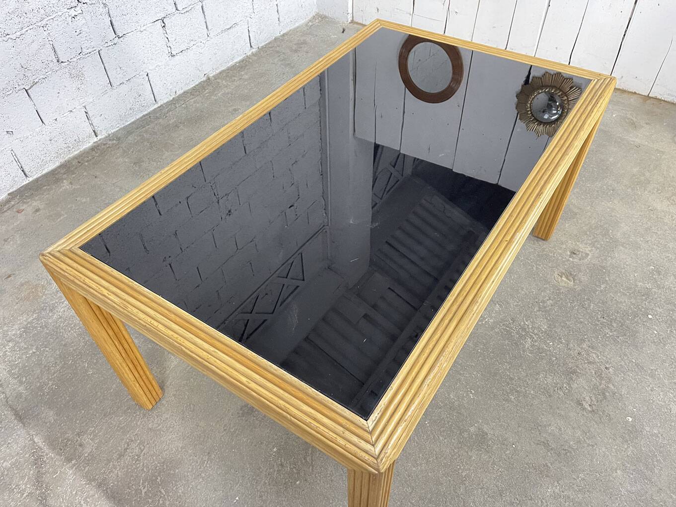 Italian rattan and glass table from the 1970s