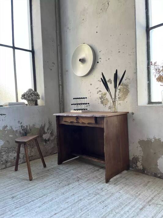 Brutalist desk in elm, signed Aranjou.