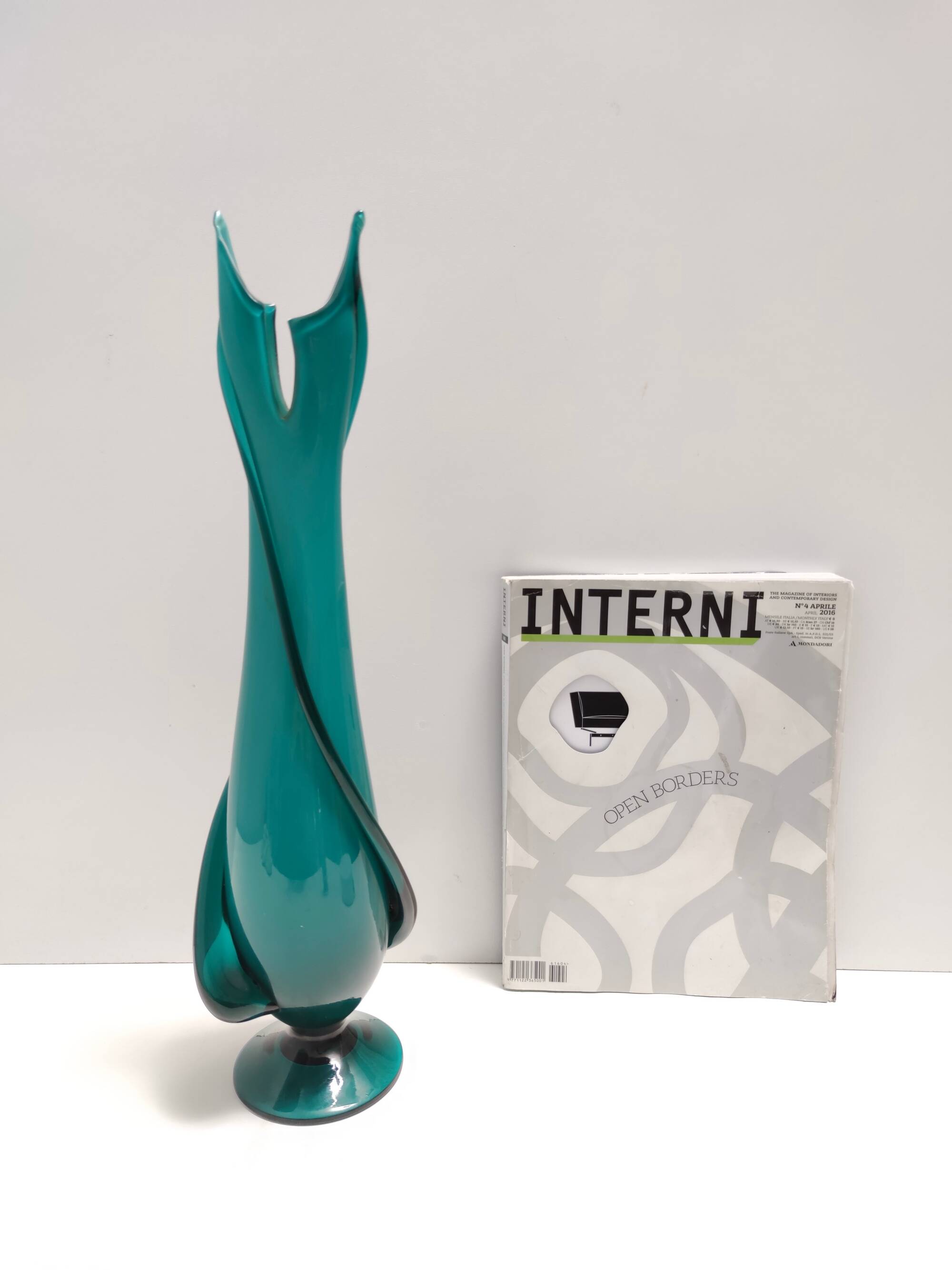Vintage Teal Encased and Hand-Blown Murano Glass Flower Vase, Italy
