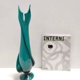 Vintage Teal Encased and Hand-Blown Murano Glass Flower Vase, Italy