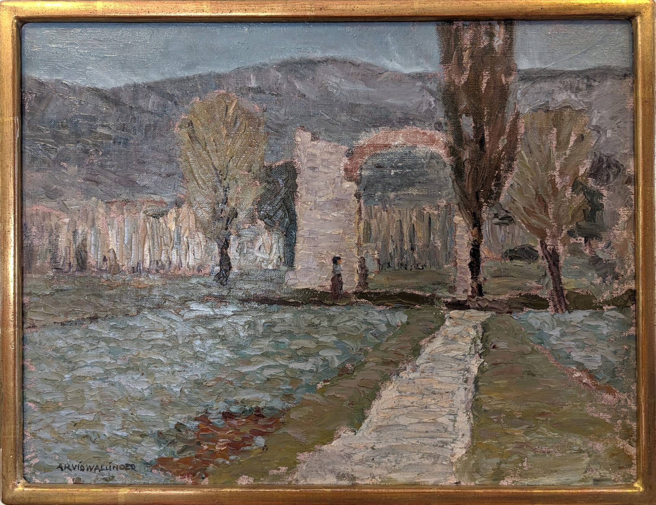 Mid-Century Modern Swedish "Italian Valley" Vintage 1967 Oil Painting, Framed