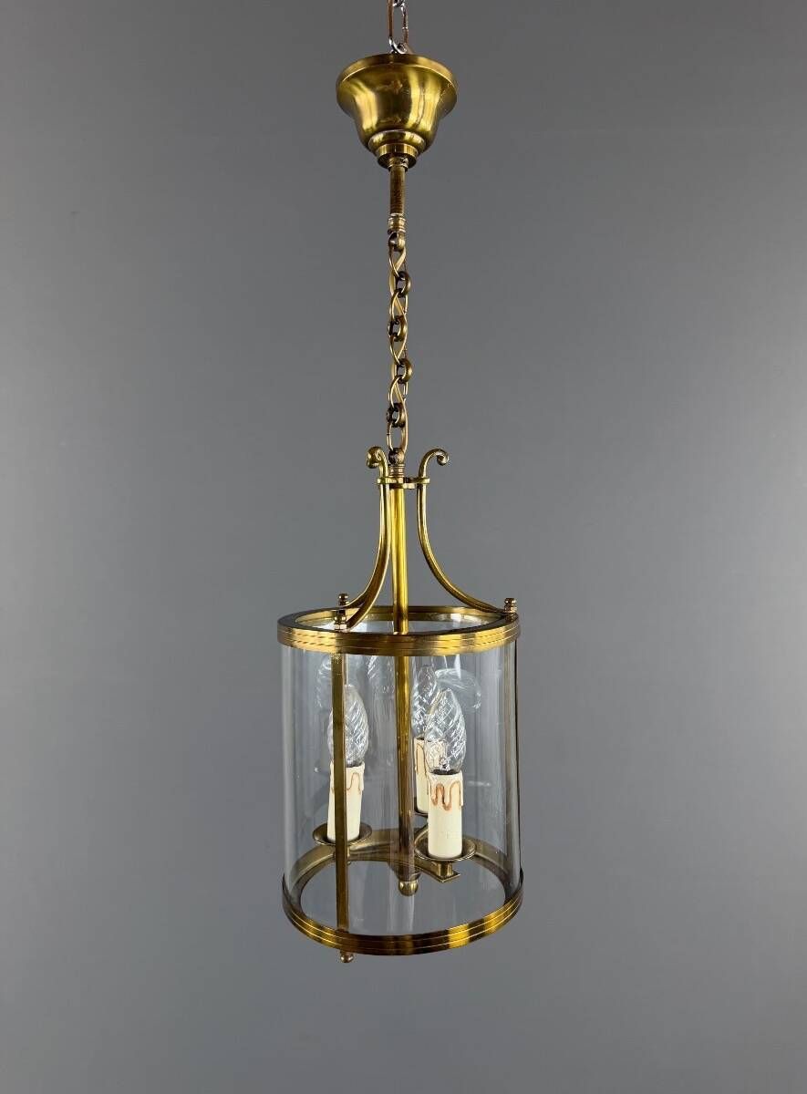 Cylindrical lantern in brass and glass, 20th century