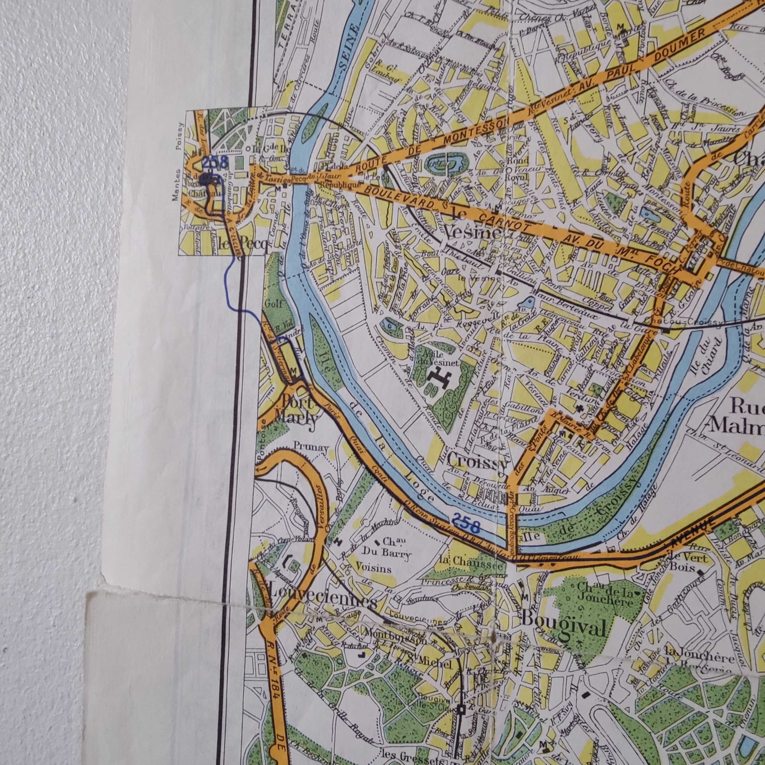 Vintage map 1970 Paris and its suburbs 75x55cm duplex