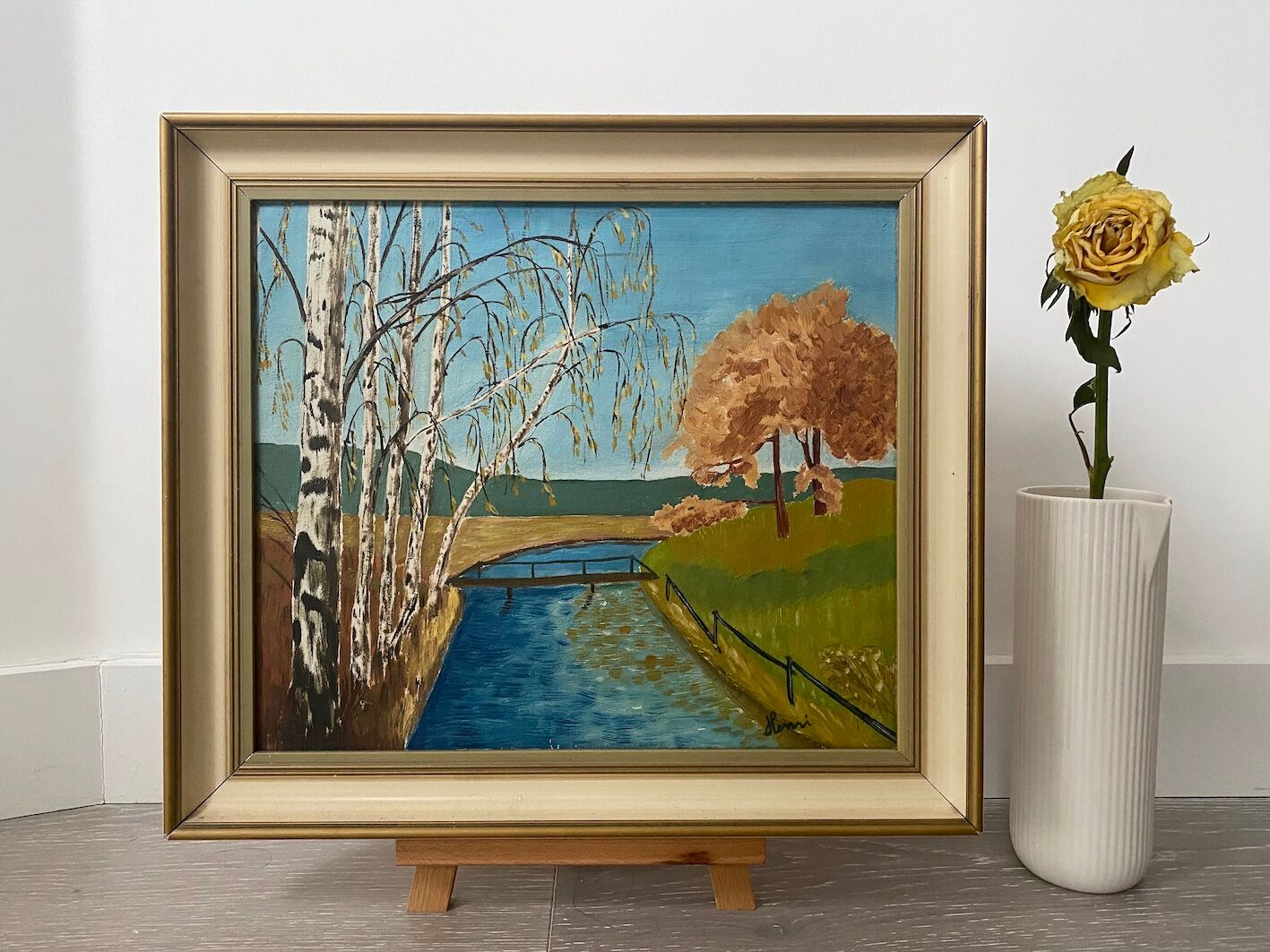 Mid Century Vintage Framed Oil Painting - By the Lake