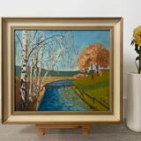 Mid Century Vintage Framed Oil Painting - By the Lake