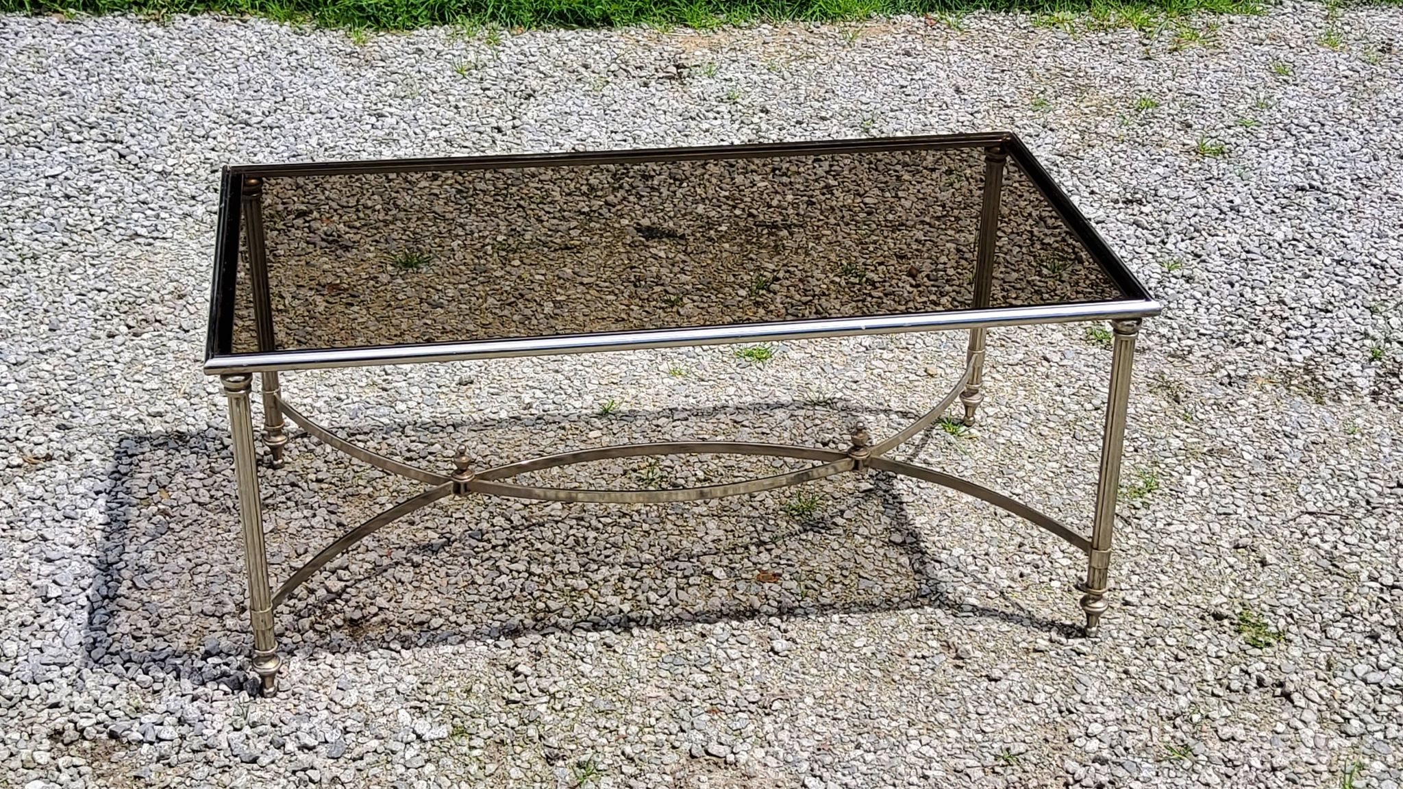 Chrome metal coffee table with smoked glass top in neoclassical style, 1970s.