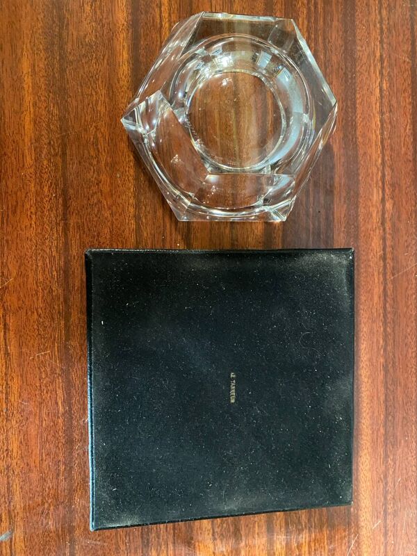Ancien Cendrier Val St Lambert Cristal + Support Cuir Le Tanneur + Boîte