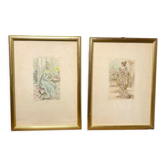 Set of two framed mode engravings