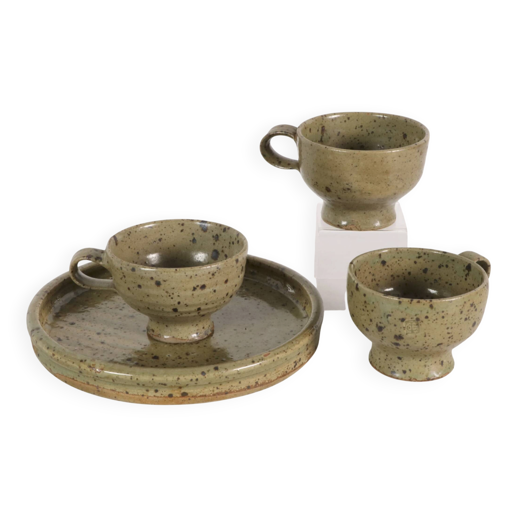 Set of cups and tray by Gustave Tiffoche in pyrite stoneware – 1970s