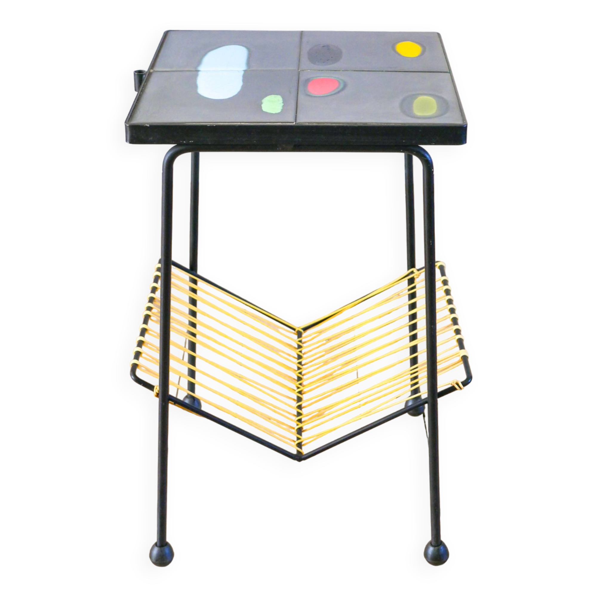 End table / selette in ceramic, black iron and yellow scoubidou, Psyché, 1960