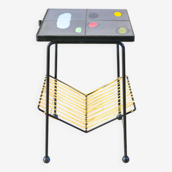 End table / selette in ceramic, black iron and yellow scoubidou, Psyché, 1960