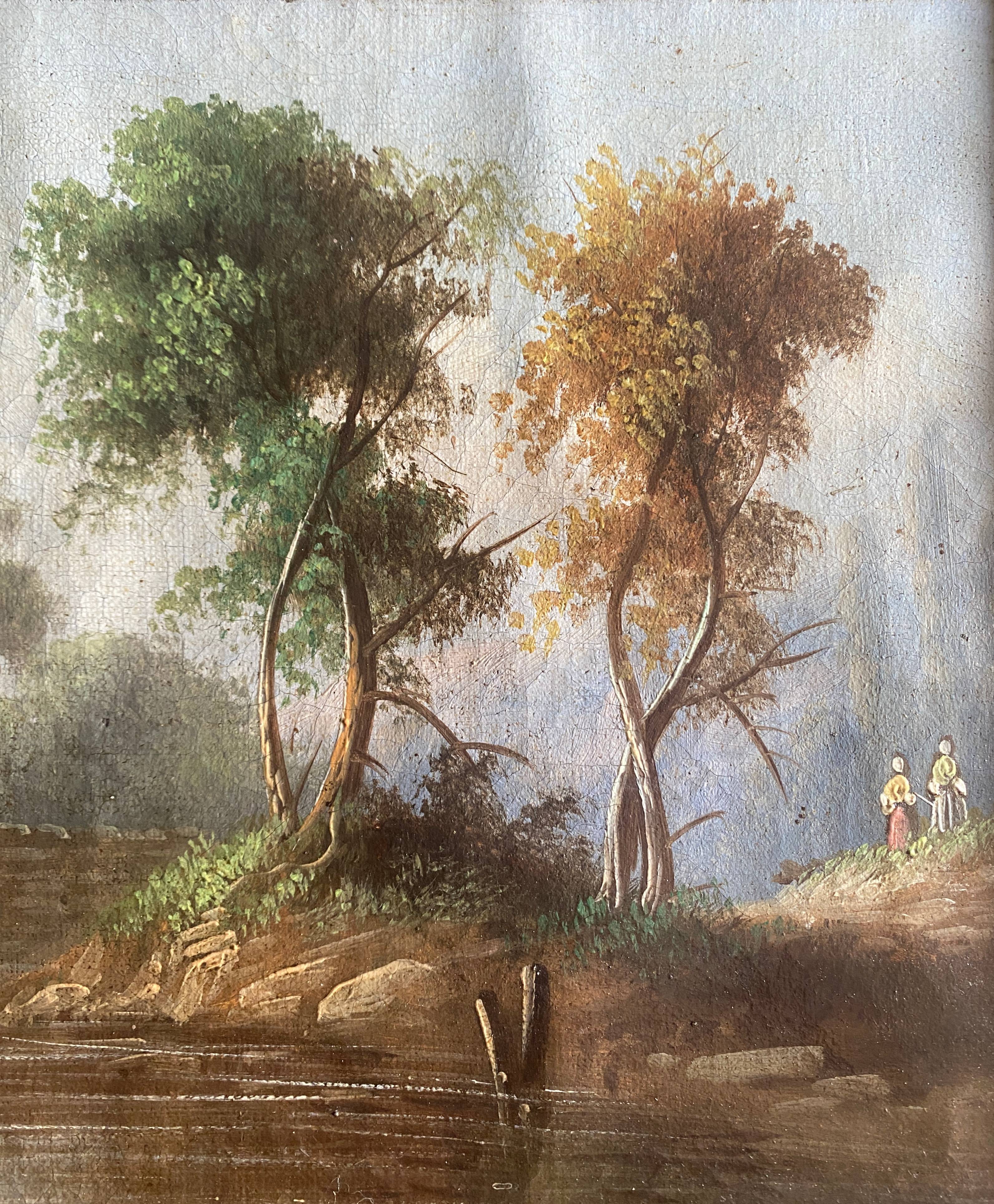 HST/P painting "Animated Barbizon landscape at the river" signed to be restored 19th century