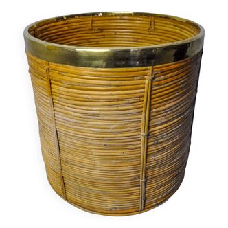 Basket xl in rattan and brass, italy, 1970, 41cm diam