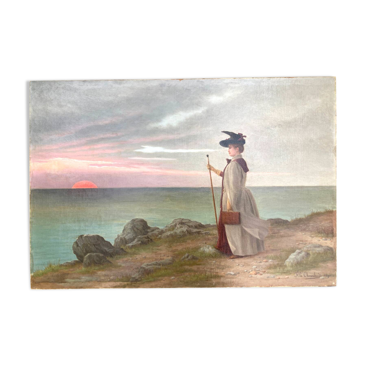 Old painting - The lady with the hat and the sea - 1890