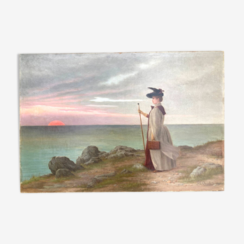Tableau ancien - La dame au chapeau et la mer - 1890