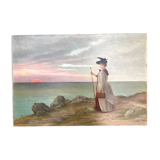 Tableau ancien - La dame au chapeau et la mer - 1890