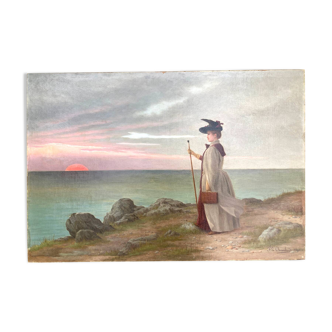 Tableau ancien - La dame au chapeau et la mer - 1890