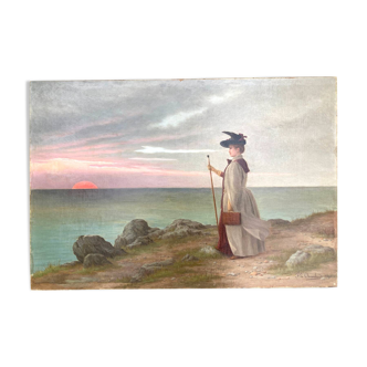 Old painting - The lady with the hat and the sea - 1890